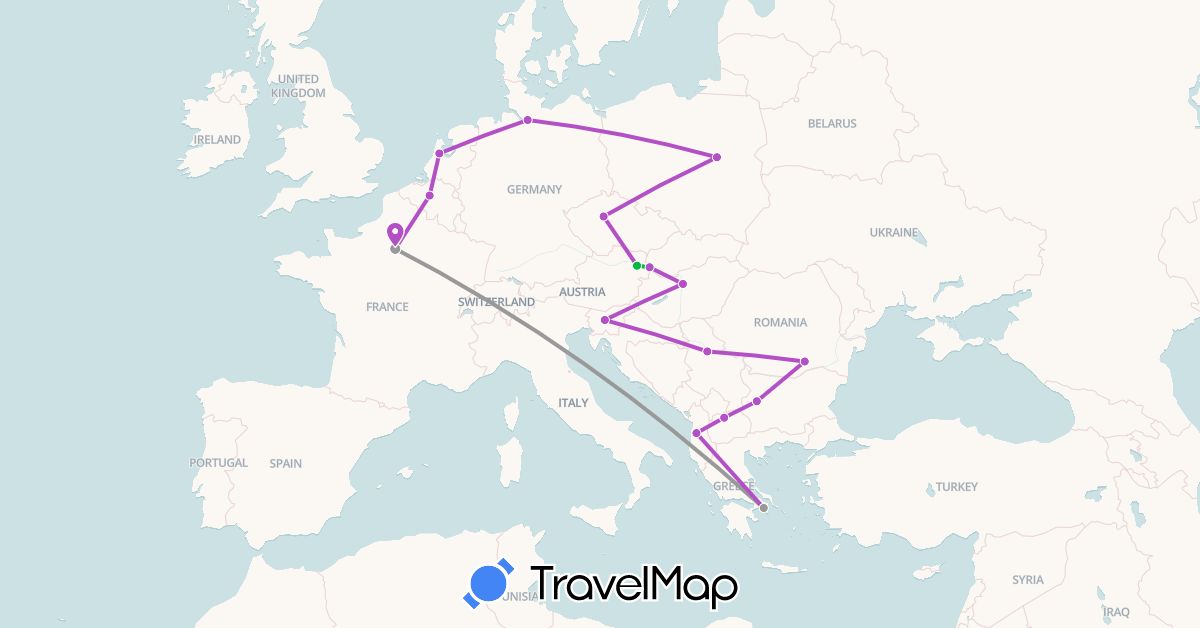 TravelMap itinerary: bus, plane, train in Albania, Austria, Belgium, Bulgaria, Czech Republic, Germany, France, Greece, Hungary, Macedonia, Netherlands, Poland, Romania, Serbia, Slovenia, Slovakia (Europe)