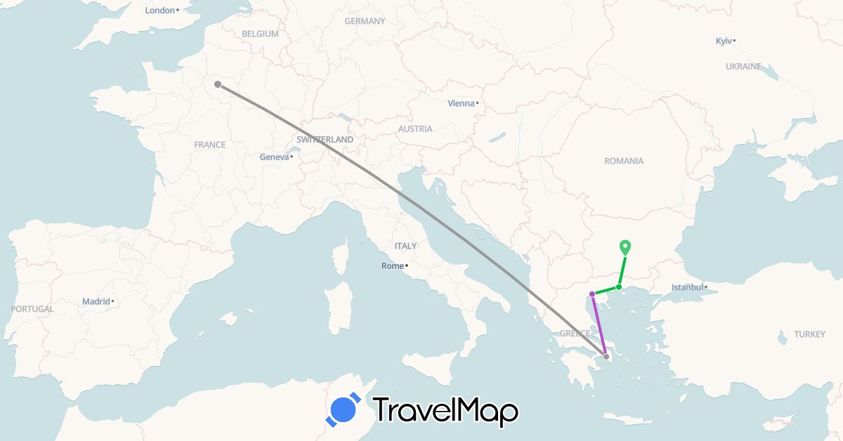 TravelMap itinerary: driving, bus, plane, train in Bulgaria, France, Greece (Europe)